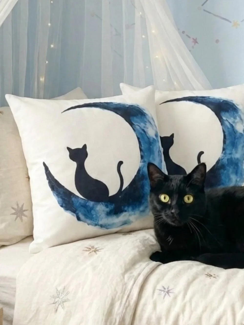 Set 2 Black Cat Blue Moon Watercolor Pillow Cushion Covers 18x18 Whimsigoth